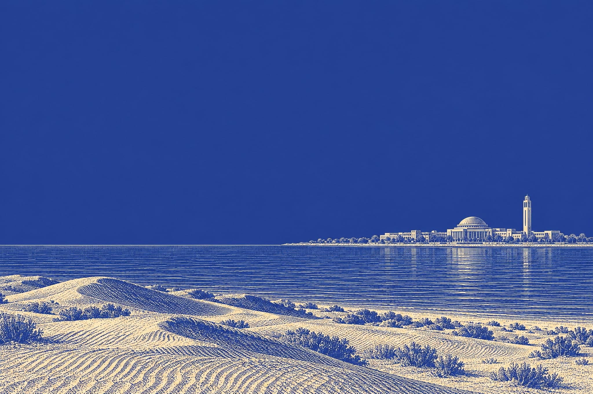Engraving of a university on a desert coast