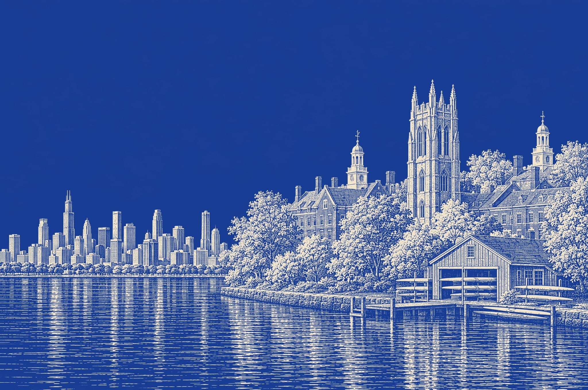Engraving of a collegiate Gothic tower and boathouse on a river, with a city skyline beyond