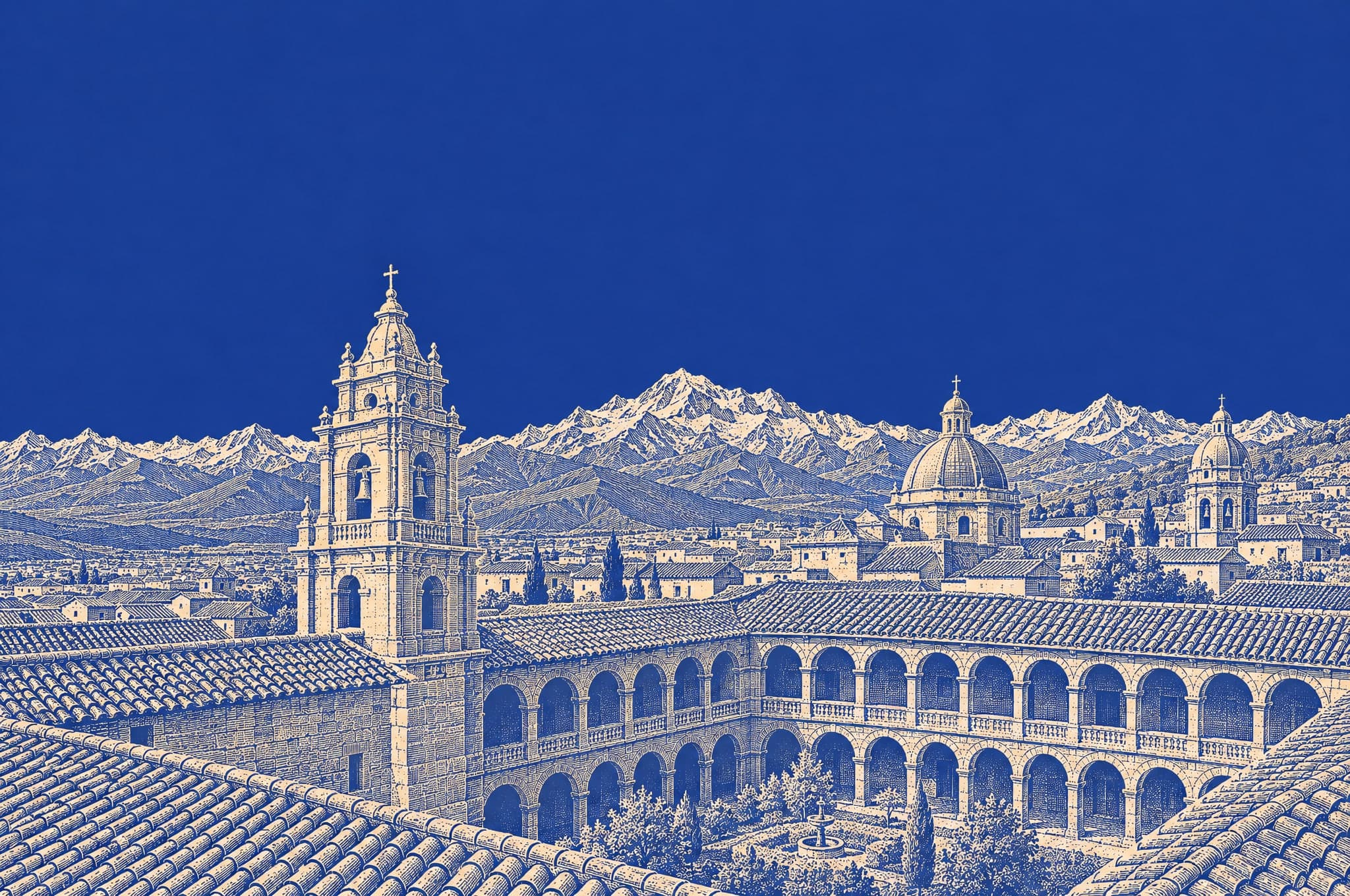 Engraving of a colonial university cloister and bell tower below the Andes