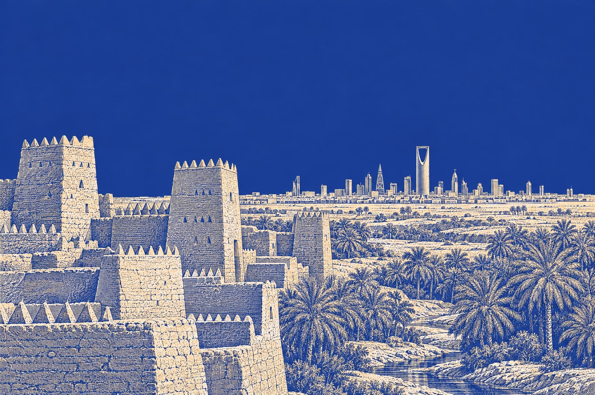 Engraving of Riyadh's skyline beyond the mud-brick towers of Diriyah