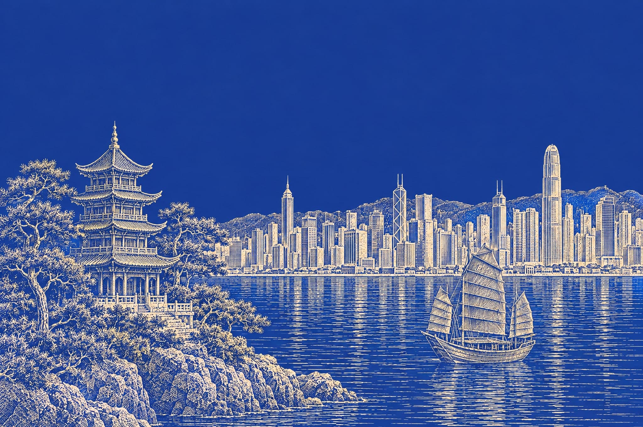 Engraving of a pagoda on a headland, a junk, and a harbour skyline