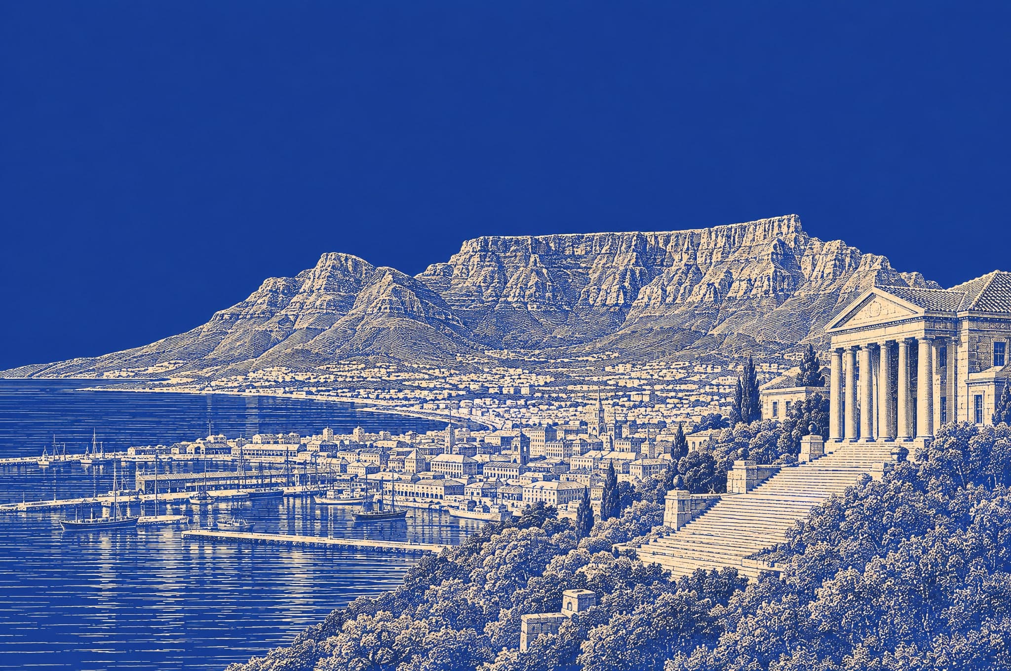 Engraving of a columned university hall below Table Mountain, above Cape Town's harbour