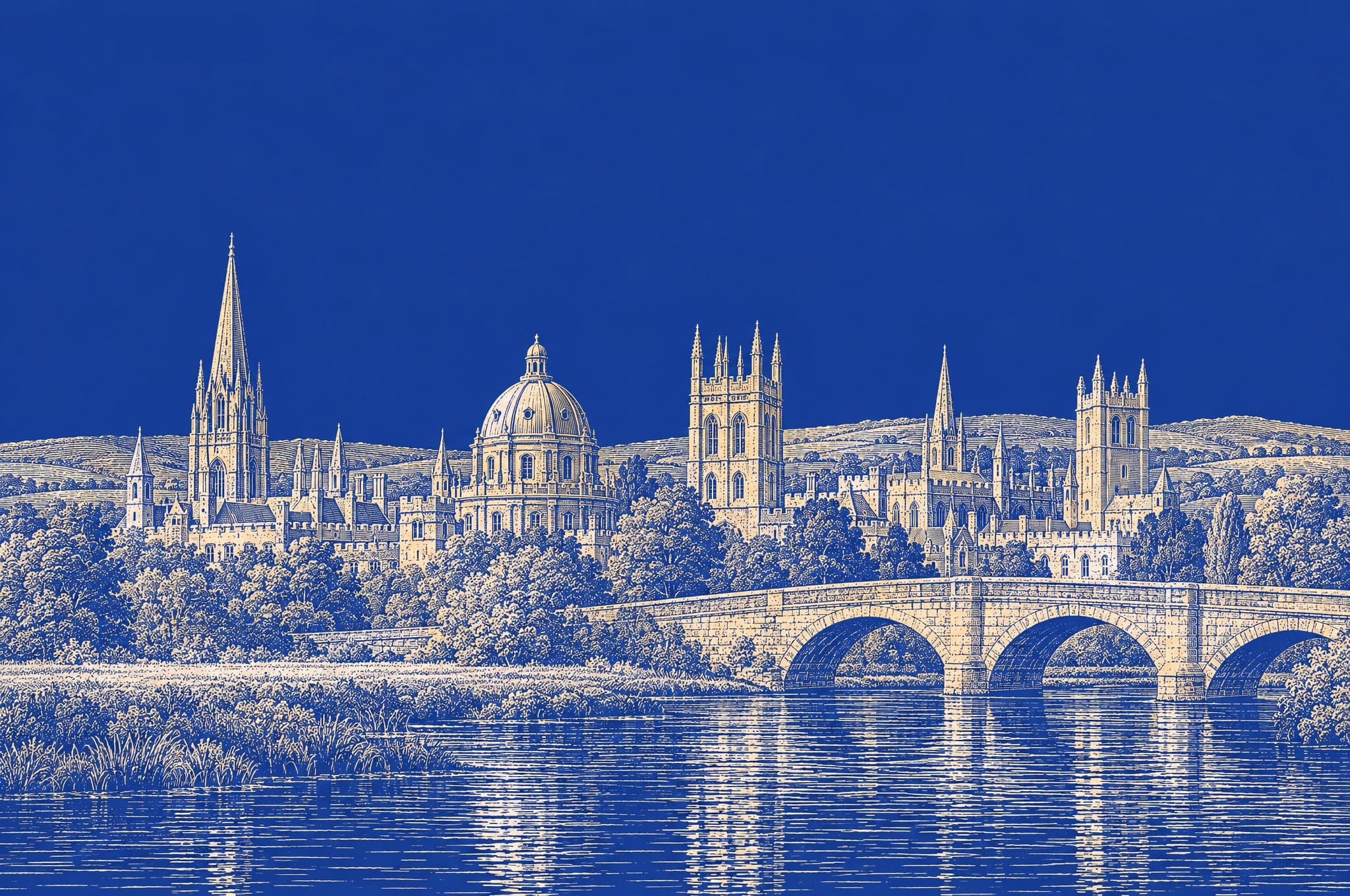 Engraving of a European university town of spires and domes beyond a stone bridge