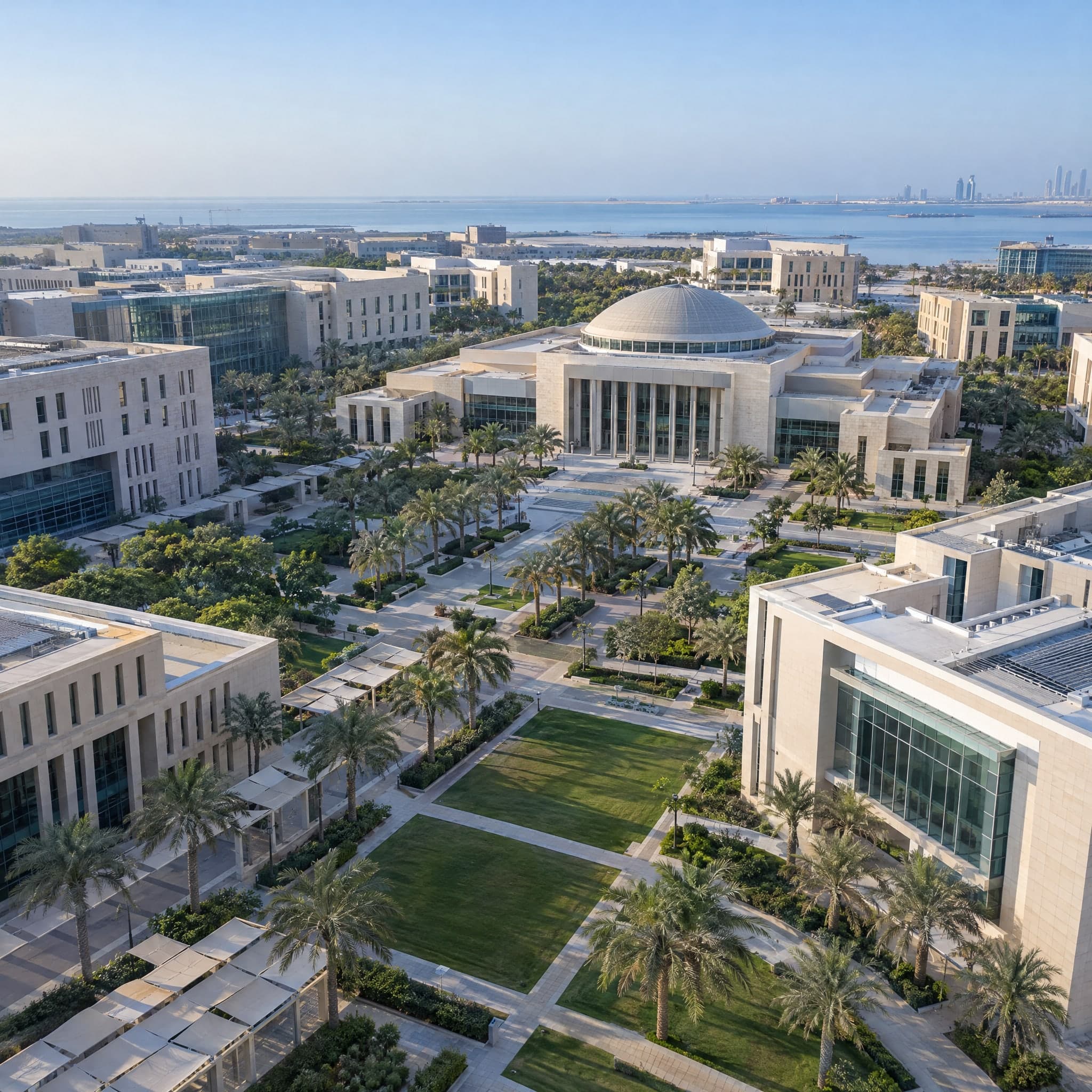 An aerial view of a Gulf university campus by the sea