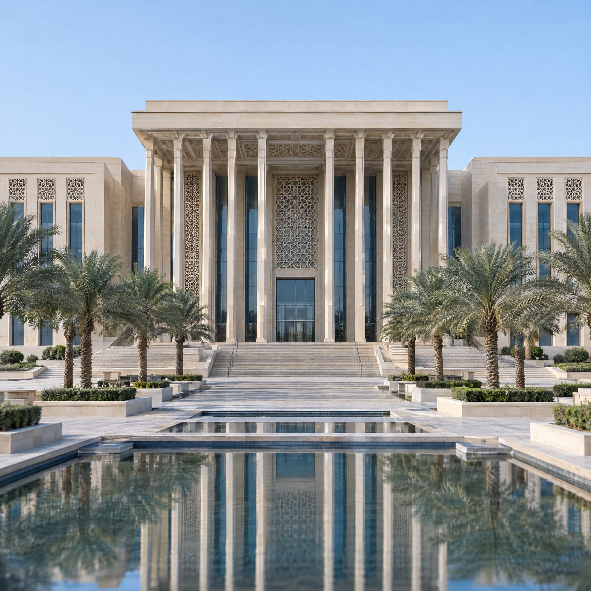 A colonnaded university building behind a reflecting pool